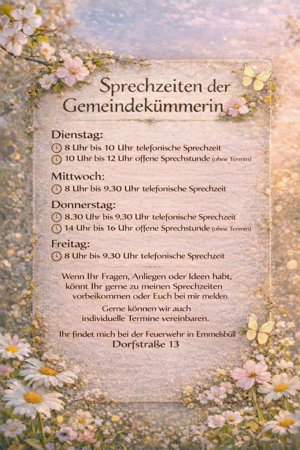Sprechzeiten Jana Andresen, Sprechzeiten der Gemeindekümmerin

Dienstag:

    8 Uhr bis 10 Uhr telefonische Sprechzeit

    10 Uhr bis 12 Uhr offene Sprechstunde (ohne Termin)

Mittwoch:

    8 Uhr bis 9.30 Uhr telefonische Sprechzeit

Donnerstag:

    8.30 Uhr bis 9.30 Uhr telefonische Sprechzeit

    14 Uhr bis 16 Uhr offene Sprechstunde (ohne Termin)

Freitag:

    8 Uhr bis 9.30 Uhr telefonische Sprechzeit

Wenn Ihr Fragen, Anliegen oder Ideen habt, könnt Ihr gerne zu meinen Sprechzeiten vorbeikommen oder Euch bei mir melden.

Gerne können wir auch individuelle Termine vereinbaren.

Ihr findet mich bei der Feuerwehr in Emmelsbüll
Dorfstraße 13